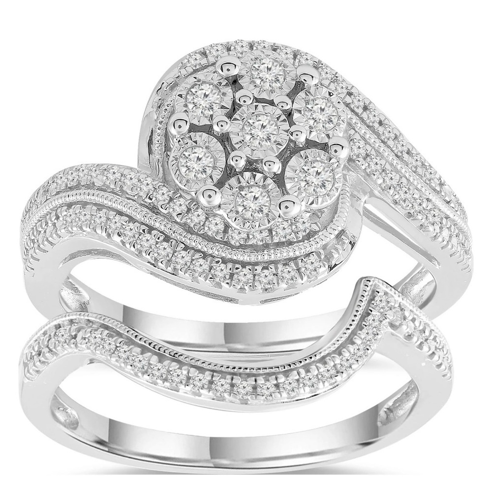 Forever Bride Sterling Silver 1/3 CTTW Diamond Flower Bridal Set Size 7